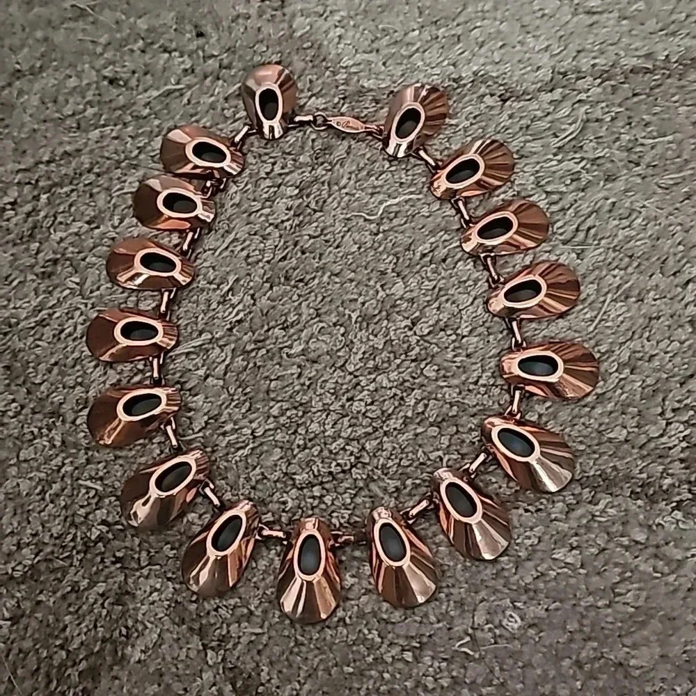 Renoir Copper Necklace, Honey Bear Pattern. Black Enamel on Copper